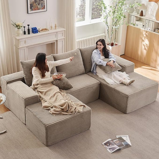 107" Comfy U-Shaped Sectional Modern Boneless Corduroy Couch with Chaise - No Assembly Required! Deep-Seat, Upholstered Modular Cloud Sofa for Living Room, Plush Corduroy Fabric(Camel)