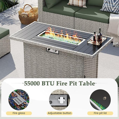 UDPATIO Patio Furniture Set with Fire Pit Table, 8 Pcs Outdoor Sectional Sofa, PE Wicker Patio Conversation Set for Garden, Backyard (Green Cushions with Light Grey Rattan)