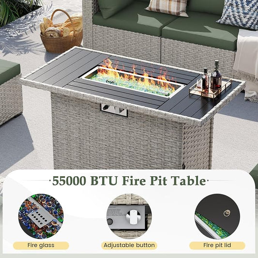 UDPATIO Patio Furniture Set with Fire Pit Table, 8 Pcs Outdoor Sectional Sofa, PE Wicker Patio Conversation Set for Garden, Backyard (Green Cushions with Light Grey Rattan)