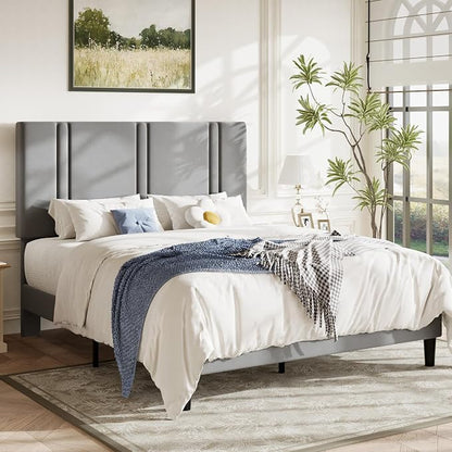 Allewie Full Size Platform Bed Frame with Adjustable Headboard, Plush Velvet Upholstered, Vertical Channel Tufted, Sturdy Wooden Slats, No Box Spring Needed, Easy Assembly, Grey