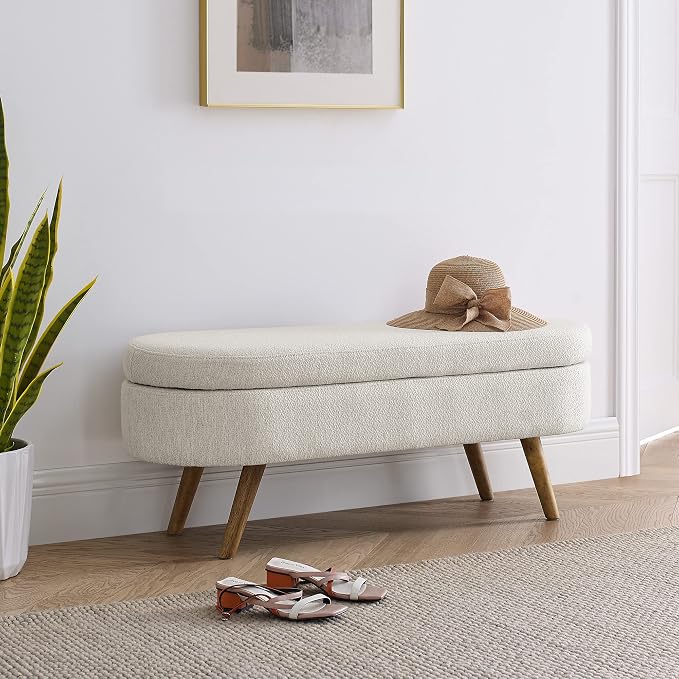 43.5" Oval Storage Bench, End of Bed Storage Benches, Linen Fabric Upholstered Ottoman Bench with Safety Hinge for Living Room Entryway Bedroom Hallway (Beige, 43.5 inch)