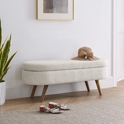 43.5" Oval Storage Bench, End of Bed Storage Benches, Linen Fabric Upholstered Ottoman Bench with Safety Hinge for Living Room Entryway Bedroom Hallway (Beige, 43.5 inch)
