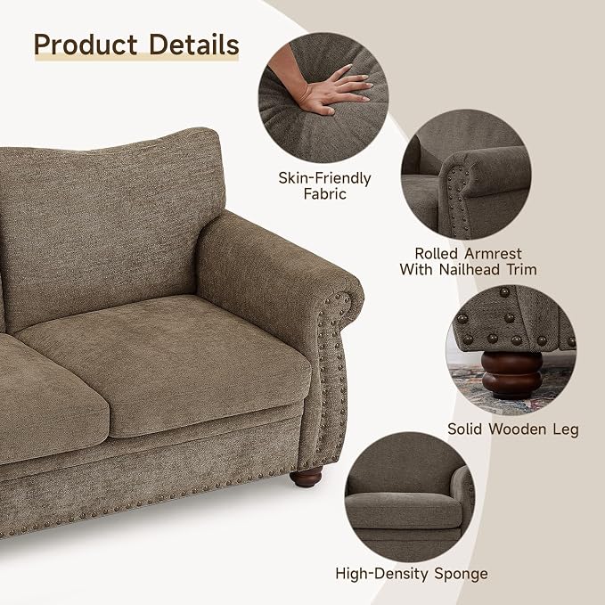 ONBRILL Nailhead Sofa, 66 Inch Small Couch with Rolled Arms, Chenille Fabric Loveseat w/Springs Seat Cushion, Vintage Curved Back, Turned Wood Legs, Comfy Couch for Living Room, Farmhouse, Brown