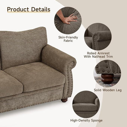 ONBRILL Nailhead Sofa, 66 Inch Small Couch with Rolled Arms, Chenille Fabric Loveseat w/Springs Seat Cushion, Vintage Curved Back, Turned Wood Legs, Comfy Couch for Living Room, Farmhouse, Brown