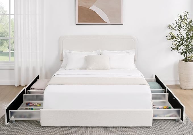 Ball & Cast Queen Size Bed Frame,Boucle Upholstered Platform Bed with Patented 4 Drawers Storage & Curved Stitched Headboard,Wooden Slats Support,No Box Spring Needed,Easy Assembly,Ivory