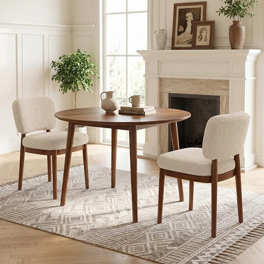 Wooden Dining Chairs Set of 2, Boucle Upholstered Kitchen Chairs with Solid Wood Legs, Mid Century Modern Dining Chairs, Farmhouse Side Chair with Hardwood Frame for Dining Room, Beige
