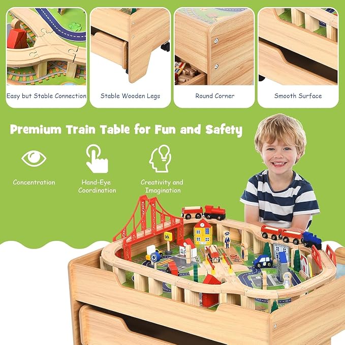 Costzon Wooden Train Table with 100 Multicolor Pieces | Kids Activity Table w/ Large Rolling Storage Drawer, Tracks, Cars, DIY Design, Train Set Table for Boys Girls Toddlers 3+