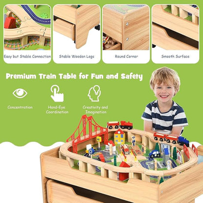 Costzon Wooden Train Table with 100 Multicolor Pieces | Kids Activity Table w/ Large Rolling Storage Drawer, Tracks, Cars, DIY Design, Train Set Table for Boys Girls Toddlers 3+