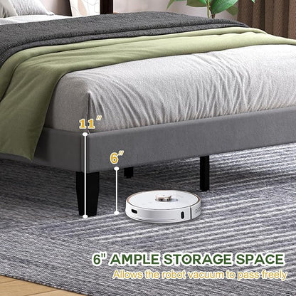 Queen Size Bed Frame with Headboard, Platform Bed with Soft Velvet Upholstered Headboard | Wooden Slats Support | Adjustable Height | No Box Spring Needed, Queen Bed Frame Grey