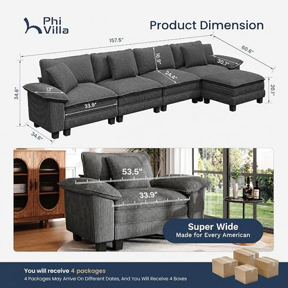 PHI VILLA Cloud Modular Couch Sets, 157.5" Oversized Sectional Sofa with L-Shaped Chaise, 5-Seater Upholstered Couches with Movable Ottoman for Living Room, Corduroy Grey