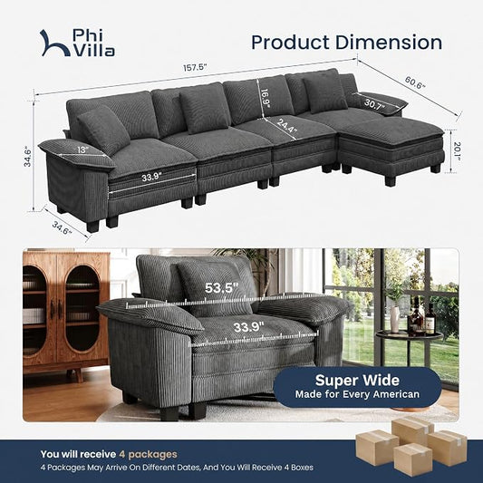 PHI VILLA Cloud Modular Couch Sets, 157.5" Oversized Sectional Sofa with L-Shaped Chaise, 5-Seater Upholstered Couches with Movable Ottoman for Living Room, Corduroy Grey
