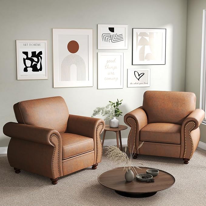 Couchus Vintage Accent Chair with Rivet Decoration, Traditional Upholstered Armchair, Living Room Chair, Rustic Single Sofa Chair for Bedroom, Reading Room & Office(Caramel Rust, Single)