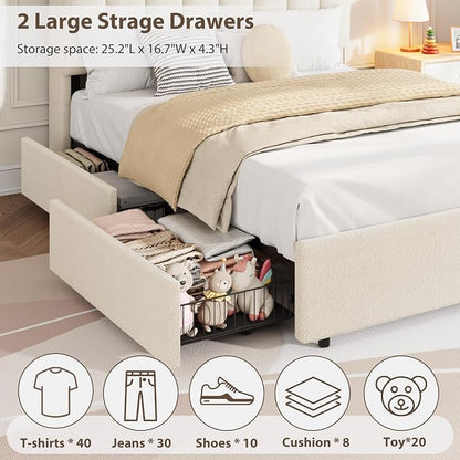 Garvee LED Full Size Bed Frame with Storage Headboard, Kids Bed Frame with 2 Drawers, Boucle Upholstered Platform Bed for Girls, Chic Wavy Headboard with Bookcase, No Box Spring Needed, White