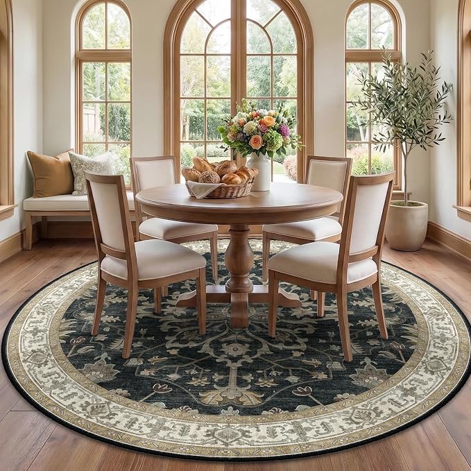 RELEANY Area Rugs Round 7ft Washable Non-Slip, Floral Vintage Distress Medallion Carpet for Living Room Bedroom Dining Room, Vintage Black Brown Neutral