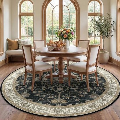 RELEANY Area Rugs Round 7ft Washable Non-Slip, Floral Vintage Distress Medallion Carpet for Living Room Bedroom Dining Room, Vintage Black Brown Neutral