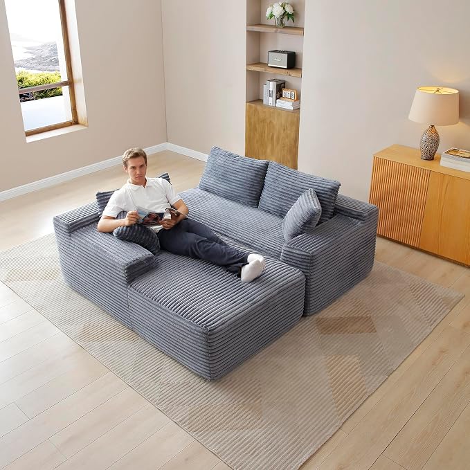 105-Inch L-Shaped Left Facing Corner Compressed Sofa Modular Sectional Boneless Cloud Sofa Floor Foam Couch with Chaise Lounge, Corduroy Corner Boneless Cloud Couch