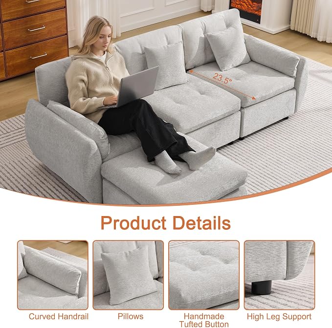 84" L Shaped Modular Sectional Cloud Sofa with Ottoman, Deep Seat Tufted Chenille 4-Seater Couch with Curved Arms, Light Grey