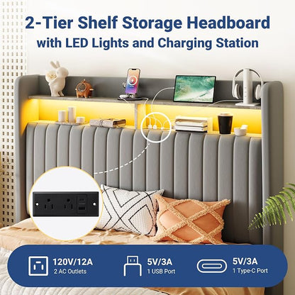 Allewie Full Size Lift Up Hydraulic Storage Bed Frame, 2-Tier Shelf Headboard with LED Lights and Charging Station, USB and Type C Ports, Wingback Velvet Headboard, No Box Spring Needed, Gray
