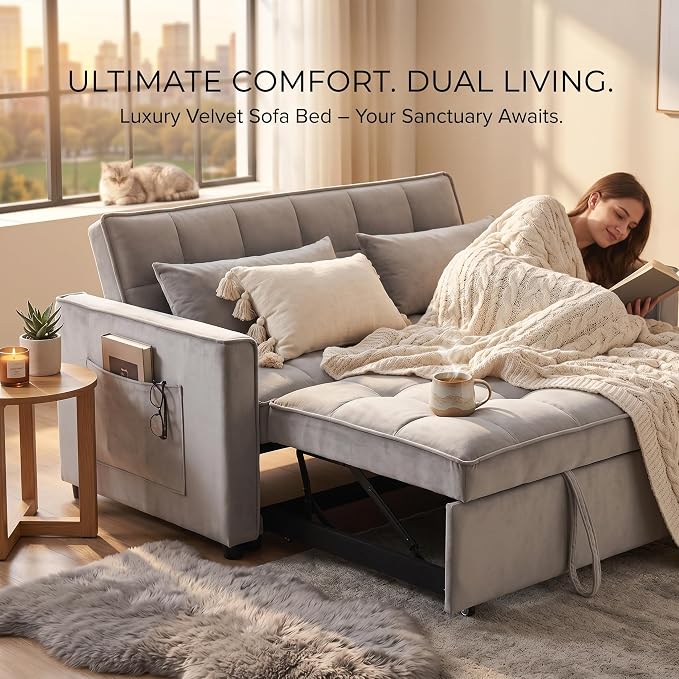 3-in-1 Loveseat Sleeper Sofa, Modern 55.5" Pull Out Couch, Velvet Upholstered Futon Sofa Bed with Adjustable Backrest, Convertible Sofa Bed with Storage Pockets for Living Room(Light Grey)