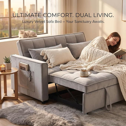 3-in-1 Loveseat Sleeper Sofa, Modern 55.5" Pull Out Couch, Velvet Upholstered Futon Sofa Bed with Adjustable Backrest, Convertible Sofa Bed with Storage Pockets for Living Room(Light Grey)