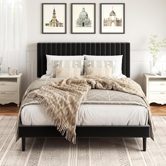 HAOARA Full Size Platform Bed Frame with Velvet Upholstered Headboard, Full Bed Frame with Strong Wood Slats, Mattress Foundation, Box Spring Optional, Easy Assembly, Black