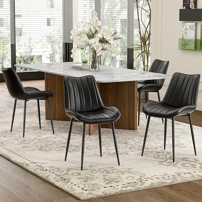 VECELO Dining Chairs Set of 4, Vegan Leather Fabric & Metal Frame, Mordern Style for Kitchen, Living Room,Offcie, Black