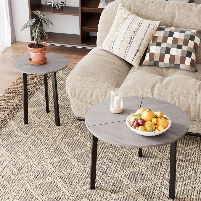 SUNBURY Coffee Table Nesting Grey Set of 2, Round Coffee Table 23.6", Side Tables for Living Room Bedroom Balcony Yard
