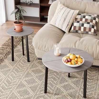 SUNBURY Coffee Table Nesting Grey Set of 2, Round Coffee Table 23.6", Side Tables for Living Room Bedroom Balcony Yard