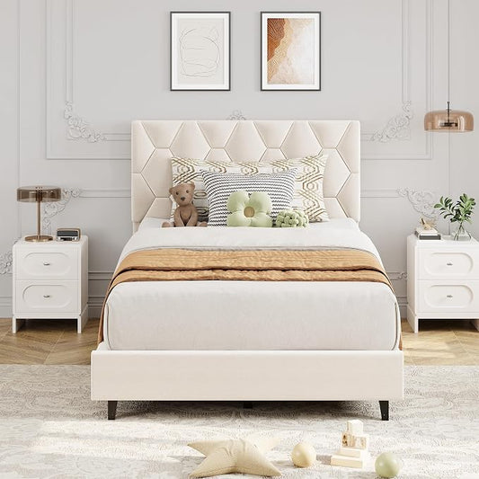 GarveeHome Beige Twin XL Bed Frame with Upholstered Headboard, Heavy-Duty Platform Bed Frame with Adjustable Headboard, Strong Wood Slat Support/No Box Spring Needed/Noise Free