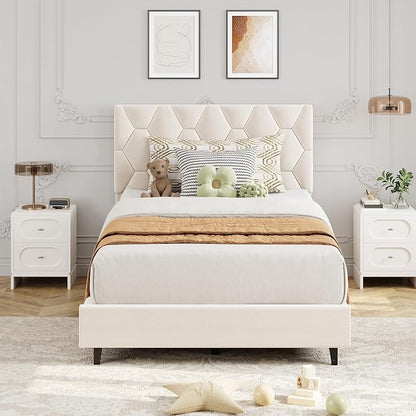 GarveeHome Twin Size Platform Bed Frame with Upholstered Headboard and Wooden Slats Support, Upholstered Mattress Foundation/No Box Spring Needed/Easy Assembly, Beige