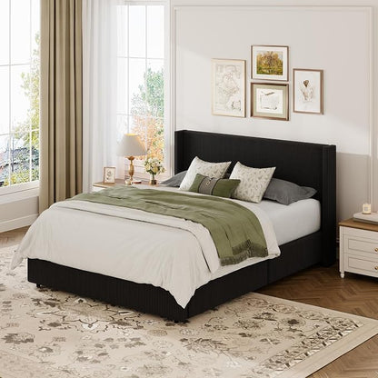 Garvee Queen Lift Up Storage Bed Frame, Corduroy Upholstered Platform Bed with Gas Lift, Padded Headboard, Wooden Slat Support, No Box Spring Needed, Easy Assembly, Black