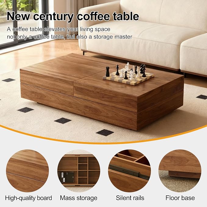 Mid-Century Modern Farmhouse 47.2-81.8" Expandable Coffee Table，Adjustable Center Table with Large Storage for Living Room, Walnut