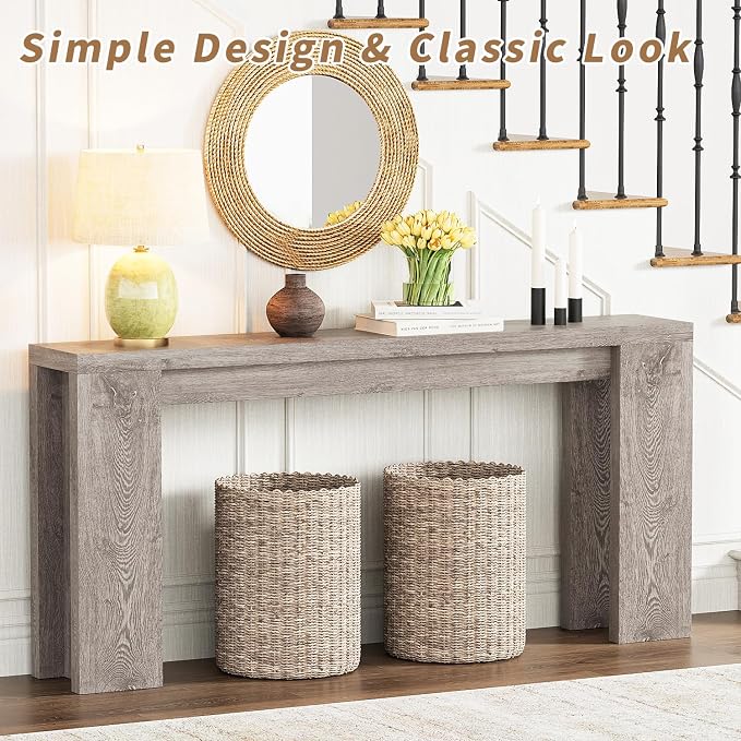 70.9 Inch Extra Long Console Table, Farmhouse Entryway Table with Thickened Base, Wood Sofa Table Behind Couch Table, Narrow Entry way Accent Table for Living Room, Hallway, Entrance, Foyer, Grey