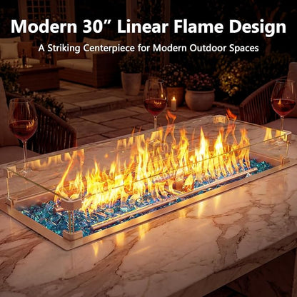 Hisencn 30 x 10 Inch Drop-in Fire Pit Kit, Premium Stainless Steel Modern Fire Trough with Tempered Glass Wind Guard, Built-in Outdoor Table Flame Feature for Patio, Backyard & Entertaining