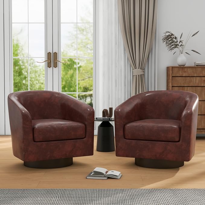 Faux Leather Swivel Barrel Accent Chairs Set of 2, Swivel Club Chair Upholstered Armchair for Living Room, Modern Round Pleather Arm Chair Comfy Single Sofa Bedroom Reading Seat - Red Brown