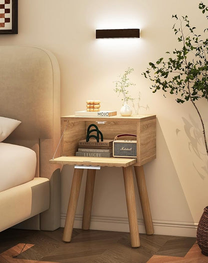 YMYNY Narrow Fluted Nightstand Set of 2, Small End Table, Modern Coffee Table with Drawer, Solid Wood Legs, Retaining Chain, for Bedroom and Small Spaces, Natural UHST014R-2