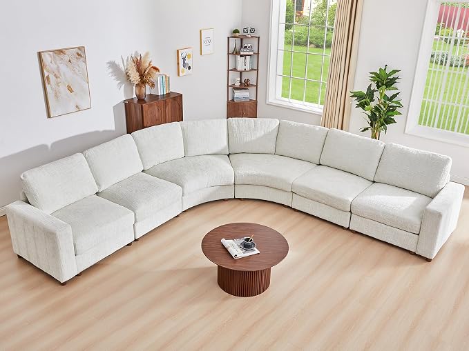 ORRD Oversized Curved Sectional Sofa, Convertible L Shaped Couch with Deep Seat, Boucle Modular Sectional Sofa with Pillows, Curved Chenille Comfy Corner 6 Seat Couch for Living Room, White