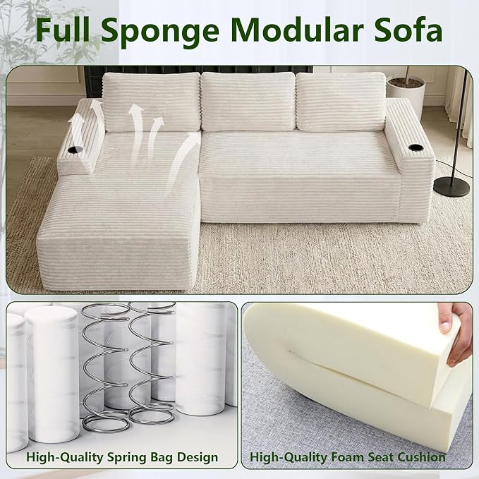 104.3" Modular Sectional Sofa,Modern Corduroy Cloud Couch with Cup Holder & Side Pockets,Boneless Couch Upholstered 3-Seater L-Shaped Sofa for Living Room,No Assembly (White, Left-Facing Chaise) | with Cup Holder