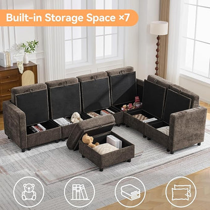 104'' V Shaped Modular Sofa, Sectional Couch with Storage for Living Room, Modern 7 Seater Cloud Sectional Couch with Movable Ottoman, Chenille Brown