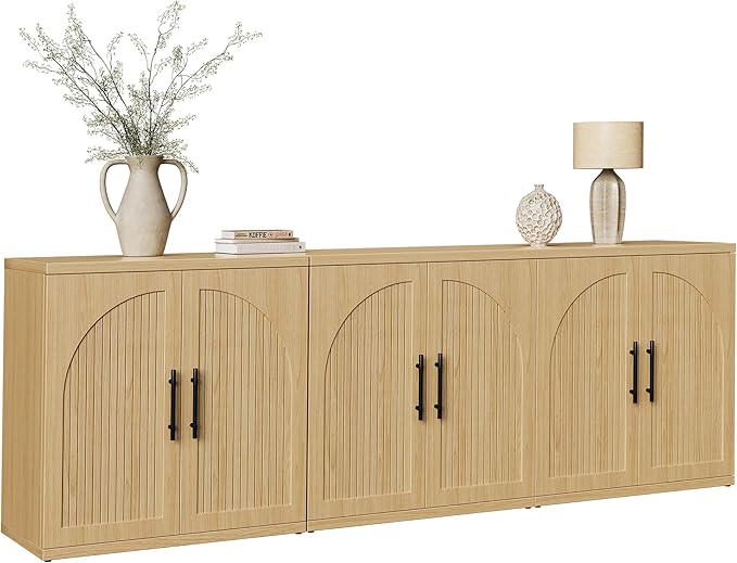 MapleGrace 63" Fluted Buffet Cabinet with Storage, Modern Symmetrical Arched Sideboard Credenza with Adjustable Shelf, Elegant Wood Console Table for Dining Room, Kitchen, Living Room(Oak)