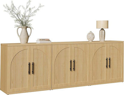 MapleGrace 63" Fluted Buffet Cabinet with Storage, Modern Symmetrical Arched Sideboard Credenza with Adjustable Shelf, Elegant Wood Console Table for Dining Room, Kitchen, Living Room(Oak)