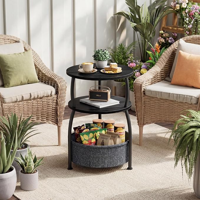 Round Side Table with Storage Basket, End Table Living Room, Black | Round End Table Small Spaces, Bedside Table for Bedroom, 3 Tiers, Sofa Couch Side Table, Greige 15.75 x 24in