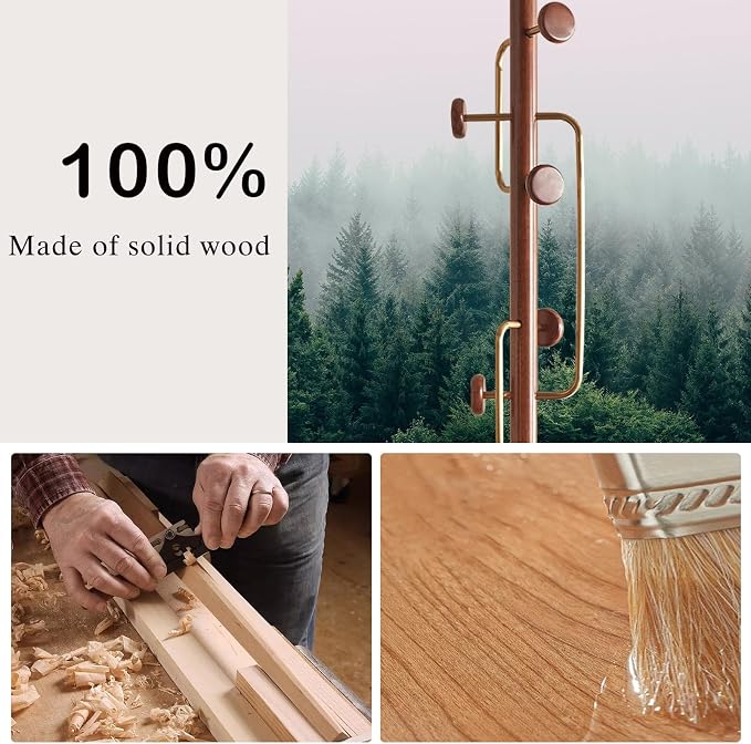 Wooden Coat Rack Freestanding, Hall Tree Hanger With Resin Hooks, Adjustable Heavy Duty Coat Rack for Hanging Clothes Bags Hats in Living Room Bedroom (coat rack, Luxury Hook)