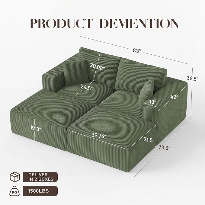 Modular Sectional Sofa Bed with Ottoman, 79" Memory Foam Cloud Couch, Boneless Loveseat Corduroy Upholstered Floor Couch, No Assembly Required Living Room Furniture for Apartment Bedroom, Green