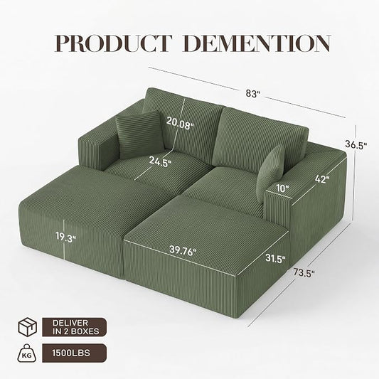 Modular Sectional Sofa Bed with Ottoman, 79" Memory Foam Cloud Couch, Boneless Loveseat Corduroy Upholstered Floor Couch, No Assembly Required Living Room Furniture for Apartment Bedroom, Green