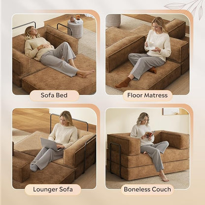 WLIVE 60'' Futon Sofa Bed, Convertible Sleeper Sofa, Folding Pull Out Couch Boneless Mattress with Fixed Frame, Corduroy, Brown