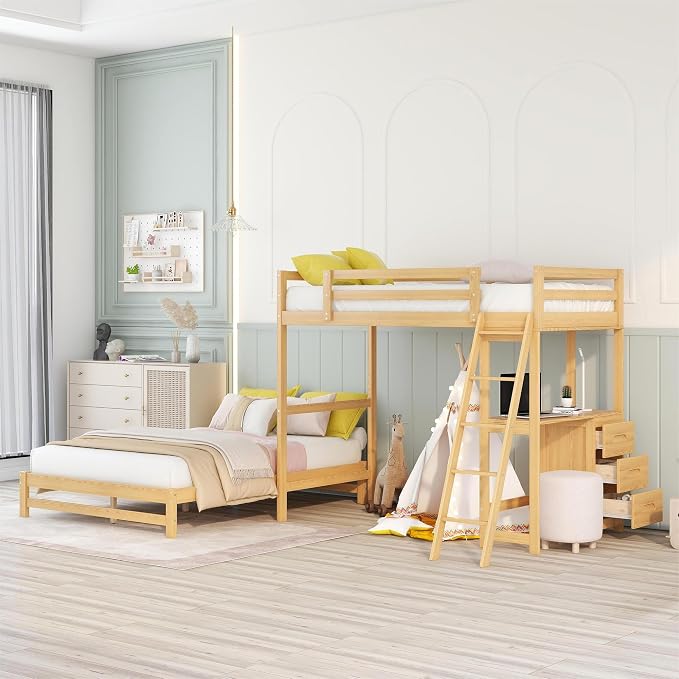 Ball & Cast Twin Over Full Bunk Bed with Safty Guardrail & Stair,Solid Wood Construction W/Built-in Desk & 3 Drawers,Can Divided Into 2 Bedframe,Easy Assembly,for Boy Girl Teen Adult Bedroom,Natural