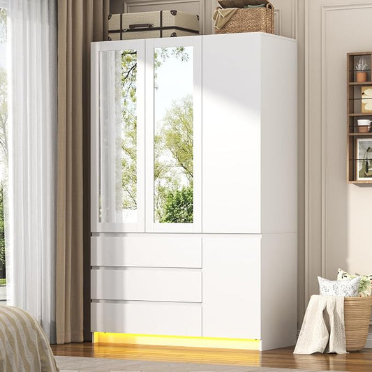 75"H Tall Modern 3 Doors Wooden Armoire Wardrobe Closet with 3 Drawers & 2 Mirror,Clothing Storage Cabinet with Hanging Rod,Bedroom Large Freestanding Armoires with Led Lights for Bedroom,White