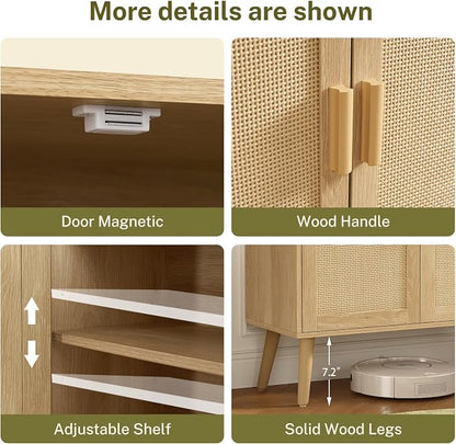Iwell Storage Cabinet with 2 Shelves, Rattan Cabinet with 2 Doors, Sideboard Buffet Cabinets with Storage for Living Room, Dining Room, Entryway, Natural