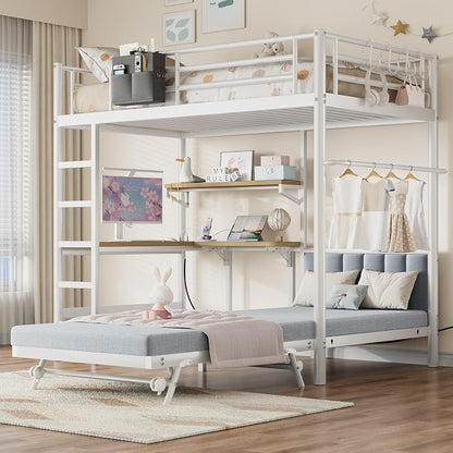 Jocoevol Twin Loft Bed with Mattress, Dual-Access Bed, Pull-Out Folding Bed & L-Shaped Desk, Heavy Duty Metal Bunk Bed Frame with Safety Guardrails, Charging Station & Adjustable Shelves (Pearl White)